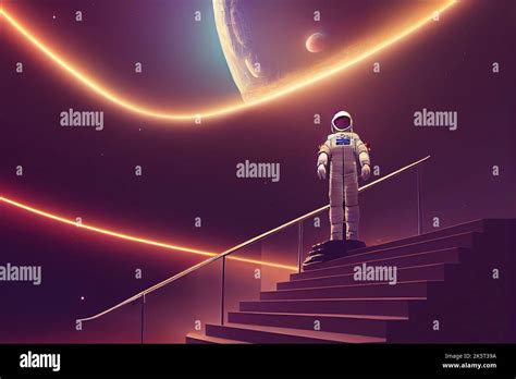 spaceman standing on the futuristic stairs and looking at the light at ...