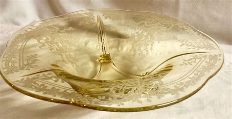 Antique Canary Yellow Depression Glass Large Floral Footed Serving Bowl