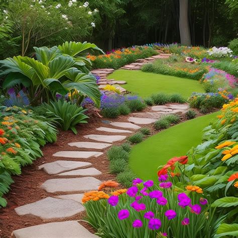 Premium AI Image | A garden path with a variety of flowers and plants.