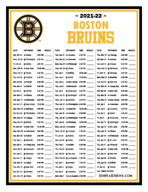 Printable 2021-2022 Boston Bruins Schedule