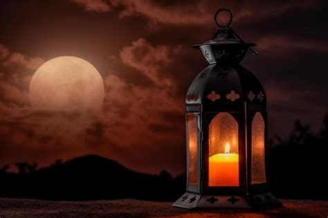 Premium AI Image | A lantern with a candle lit in front of a full moon