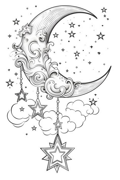 Moon and Stars * Coloring Page for Adults | Star coloring pages, Witch ...