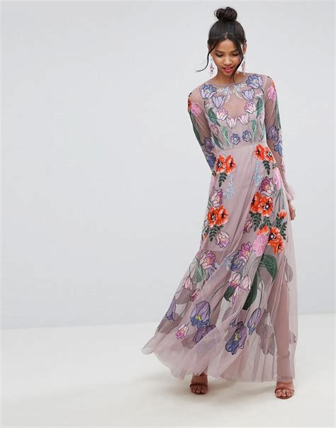 ASOS Salon Embroidered Floral Maxi Dress in Pink | Lyst