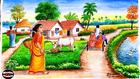 Indian Village Scenery Painting|Indian Village Scenery Drawing With ...