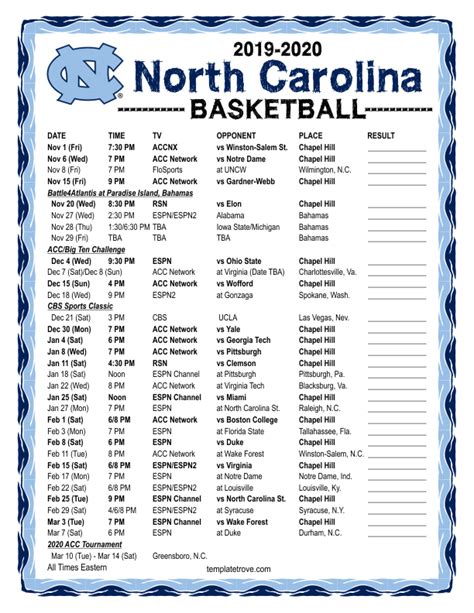 Printable 2019-2020 North Carolina Tarheels Basketball Schedule