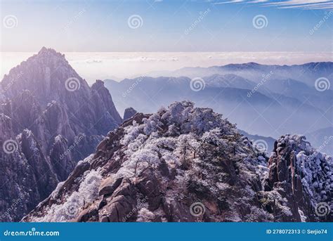 Sunrise Above the Peaks of Huangshan National Park. Stock Image - Image ...