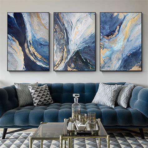 Framed painting Gold art blue painting 3 pieces wall art Abstract ...