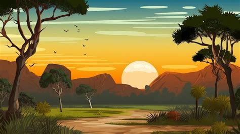 Premium AI Image | A sunset with a mountain in the background.