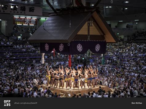 Japan - July 15, 2014: Sumo wrestlers in a ring entry ceremony stock ...