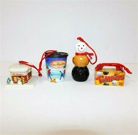 Lot of 4 TIM HORTONS Christmas Tree Ornaments Timbit Snowman Hockey Cup ...