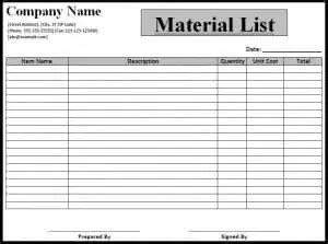 Material List Template - Free Formats Excel Word