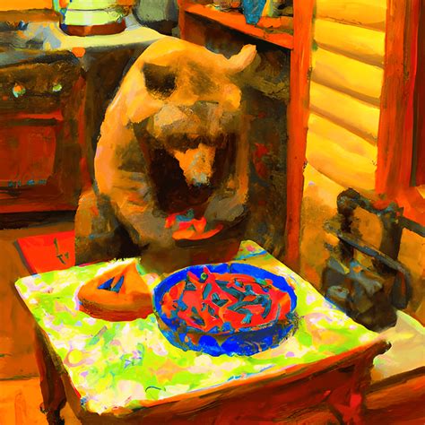 Impressionist Painting of a Bear Eating Huckleberry Pie · Creative Fabrica