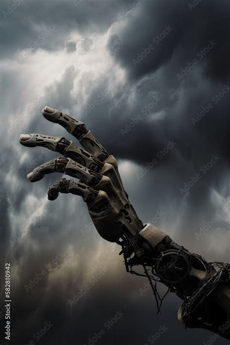 Ilustrace „Robotic arm on epic sky. Ancient robot arm reaching out ...