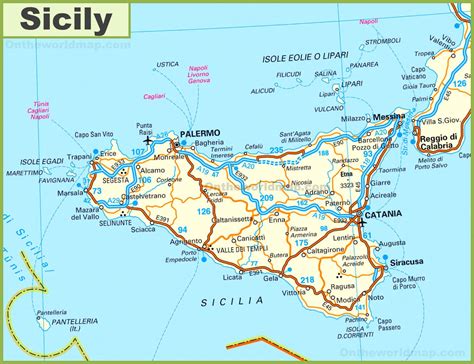 Road map of Sicily with cities and towns - Ontheworldmap.com