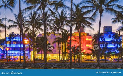 Miami Beach , Colorful Art Deco District at Night Stock Photo - Image ...