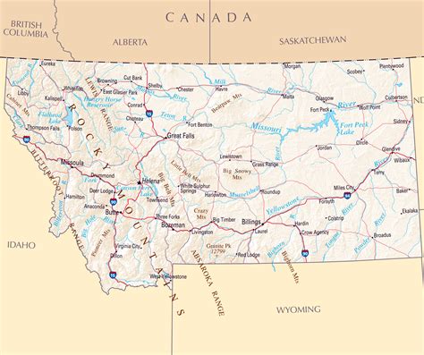 Large map of Montana state with relief, highways and major cities ...