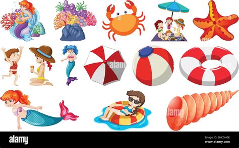 Set of summer beach objects and cartoon characters illustration Stock ...