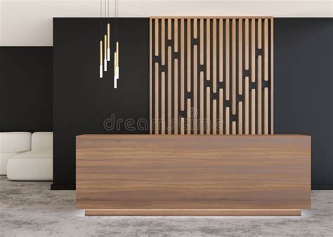 Wooden Reception Counter in Modern Room with Black Walls. Blank ...