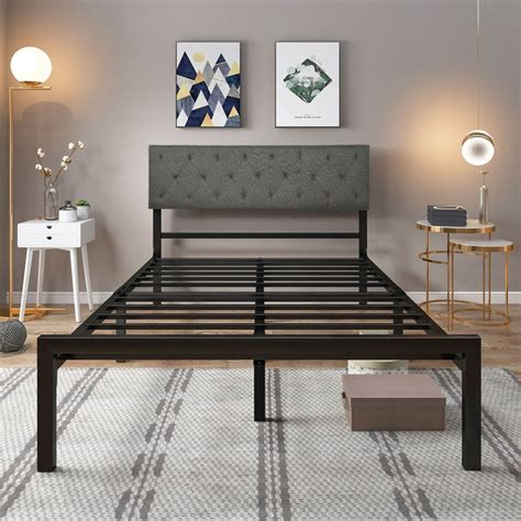 YITAHOME Metal Bed Frame with Upholstered Headboard Heavy Duty Platform ...