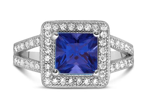 Designer 2 Carat Princess cut Blue Sapphire and Diamond Halo Engagement ...