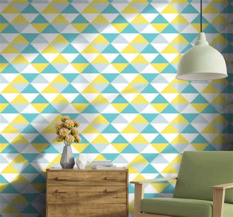 Yellow and shades of blue geometric tile Effect Wallpaper - TenStickers