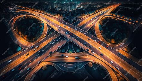 Premium Photo | Aerial view of highway intersection at night generative ai