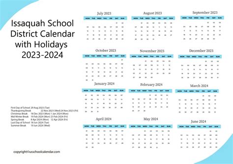 Issaquah School District Calendar with Holidays 2023-2024