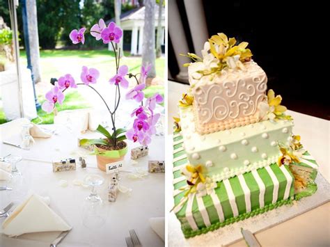 Ivory, yellow, green three-tier square wedding cake adorned with yellow ...