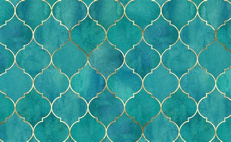 Turquoise Blue Watercolor with Vintage Golden Moroccan Pattern for ...