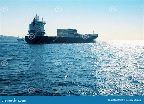 Cargo Container Ship in Sea at Sunset. Stock Photo - Image of nautical ...