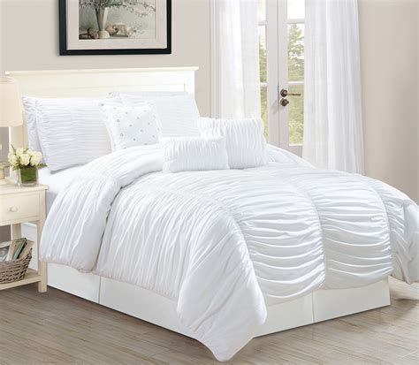 WPM 7 Piece Royal WHITE Ruched comforter set Elegant bed in a bag ...