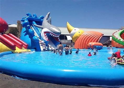 Customized Inflatable Water Parks , Giant Shark Inflatable Swimming ...