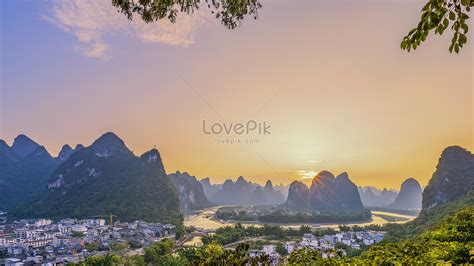 Sunset On The Back Of The Yangshuo River In Yangshuo Picture And HD ...