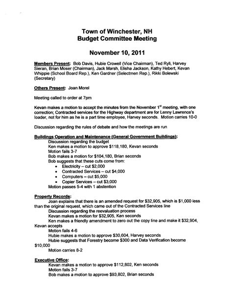 Winchester Informer: Budget Committee Meeting Minutes 11-10-11