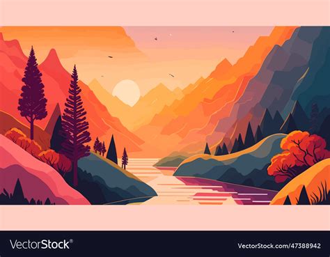 Sunset in mountain landscape art background Vector Image