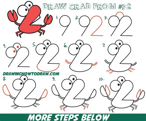 How to Draw Cartoon Crab from Numbers “92” Easy Step by Step Drawing ...