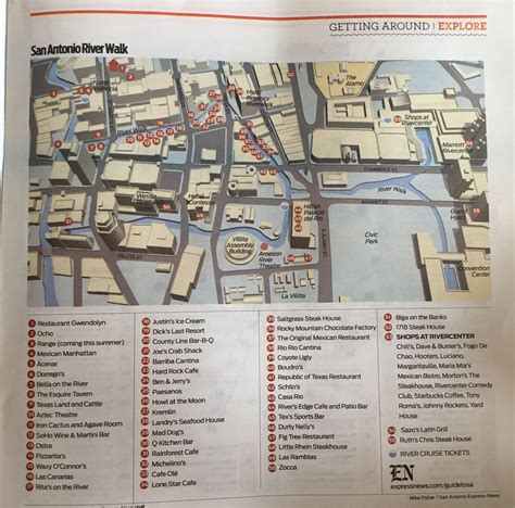 San Antonio Riverwalk ~ Map of Restaurants San Antonio Express News 7-1 ...