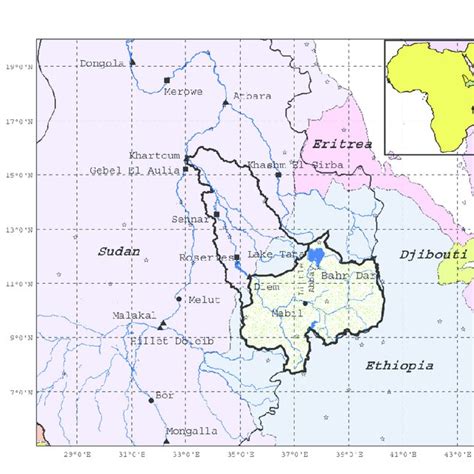 Schematic representation of the upper Blue Nile Basin (hatched) within ...