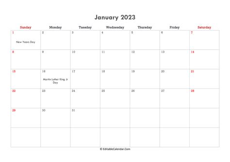 Download Editable Calendar January 2023 (Word Version)