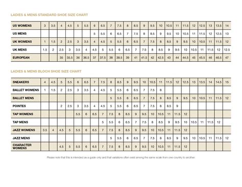 Men's Shoe Size Chart Printable