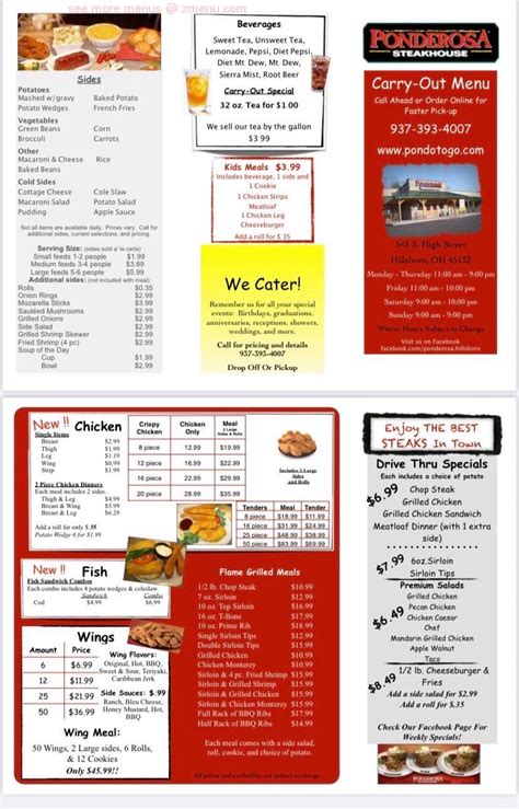 Menu at Ponderosa steakhouse, Hillsboro