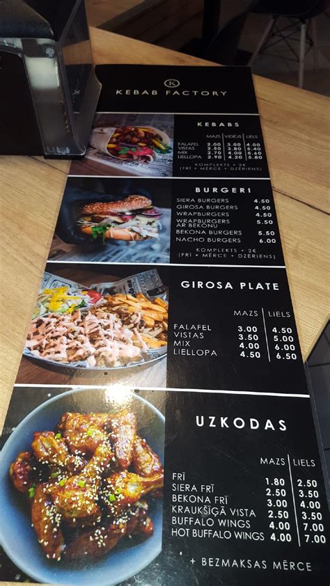 Menu at Kebab Factory restaurant, Riga, Brīvības iela 290