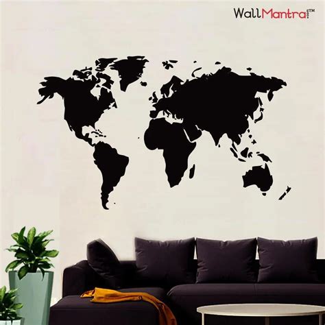 World Map Wall Sticker for office (Black) Self Adhesive Viny 165 x 100 ...