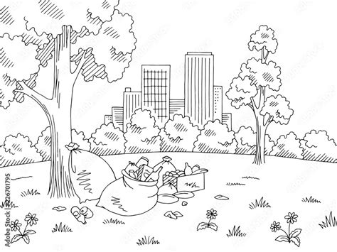 Garbage in nature park graphic black white landscape sketch ...