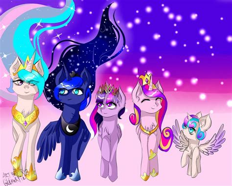 the four ponies are all dressed up in different outfits and colors ...