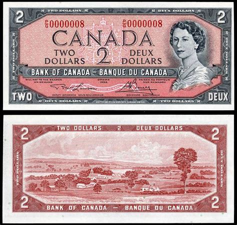 1954 $2 Bank of Canada Note S/N P/G 0000008 Lucky Low Serial Number 8 ...