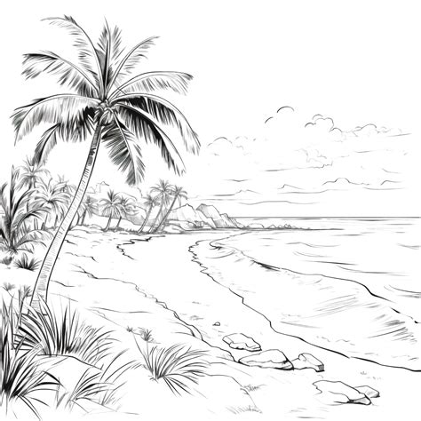 Beach Scenery Black Sketch Outline With Palm Tree And Ocean Beach ...