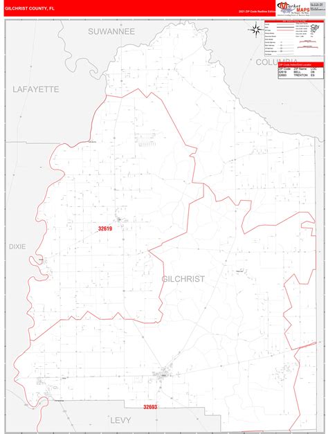 Gilchrist County, FL Zip Code Wall Map Red Line Style by MarketMAPS ...