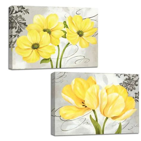 Beautiful Yellow and Gray Grey Flowers Canvas Wall Art Abstract Floral ...