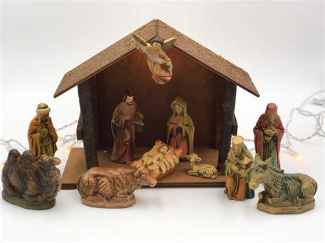 Vintage Nativity set with Wooden Crèche, Hand painted Figurines made in ...